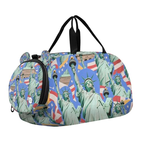 Blaue Cartoon-modische Freiheitsstatue Kinder-Reisetasche mit Schuhfach, großes Fassungsvermögen, Wochenendtasche für Reisen, Schwimmen, Tanzen, Ballett von WDdZzyy