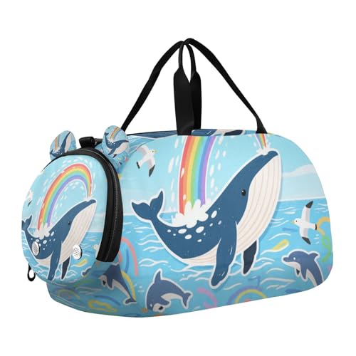 Blauer Wal Cartoon Wellen Kinder Niedlicher Turnbeutel mit Schuhfach Multifunktionale Kinder Overnighter Duffel Taschen für Jungen und Mädchen von WDdZzyy