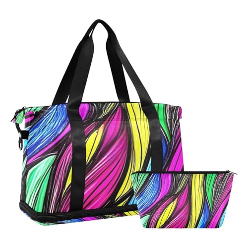 Bunte Neon-Reisetasche mit unregelmäßiger abstrakter Textur, Wochenendtasche mit Nasstasche, verstellbarem Riemen, großer Turnbeutel für Trekking, faltbar, für Männer und Frauen von WDdZzyy