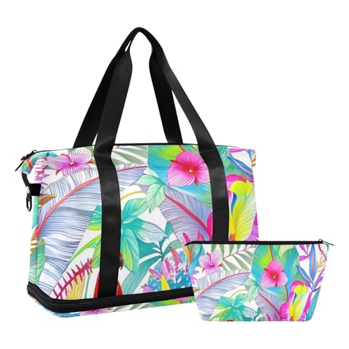 Bunte tropische Papageienblumen, große Tasche mit Nasstasche, verstellbarer Riemen, Sporttasche für Geschäftsreisen, großes Fassungsvermögen, für Männer und Frauen von WDdZzyy