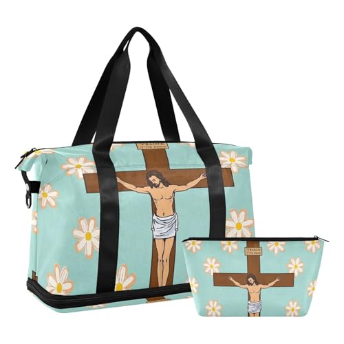 Cross Daisy Floral Weekender Übernachtungstasche mit Nasstasche, verstellbarem Riemen, Turnbeutel zum Wandern, 2-teiliges Set für Männer und Frauen von WDdZzyy