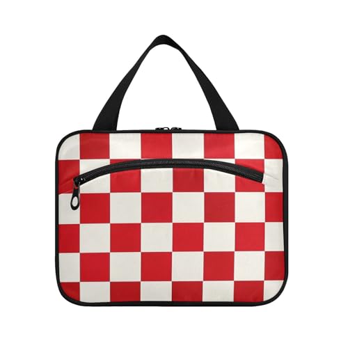 Fashion Red and White Checkerboard Hanging Shaving Kit Travel Bag with Hook, Designer Unisex Tote Bag for Essentials for Women Work Bolsa para guardar maquillaje L von WDdZzyy