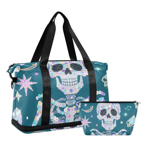 Gefälschte Pailletten Glitzer Blau Totenkopf Seesack mit Nasstasche Verstellbarer Riemen Sport Training Tasche für Flugzeug Reisen Faltbar für Männer Frauen von WDdZzyy