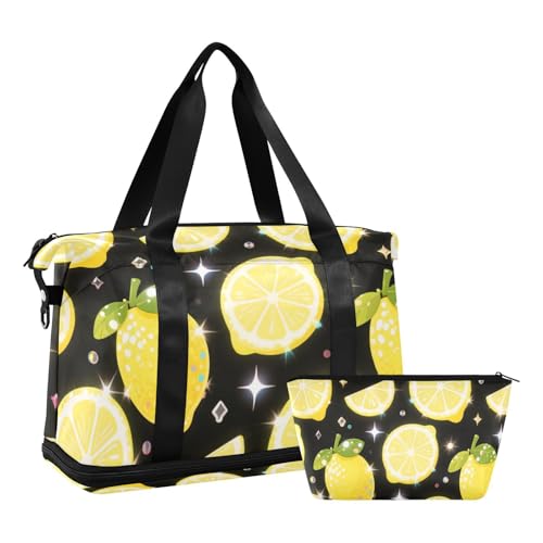 Gefälschte Pailletten Glitzer Schwarz Zitrone Gepäck Reisetasche mit Nassfach Verstellbarer Riemen Turnbeutel für Fitnessstudio Faltbar für Männer Frauen von WDdZzyy