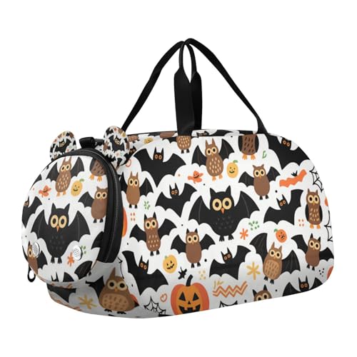 Halloween Cartoon Fledermäuse und Eulen Kinder Niedliche Turnbeutel mit Schuhfach Multifunktionale Wochenend-Reisetasche für Schule, Sport, Reisen von WDdZzyy