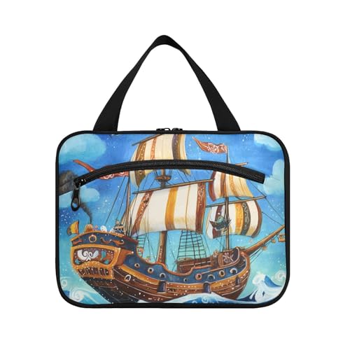 Kosmetiktasche mit Haken, Motiv: Piratenschiff, Segeln, Meerblau, mit Haken, Designerbedarf, Medikamententasche für Damen, Reisen, Hotel, Maletín para maquillaje L von WDdZzyy