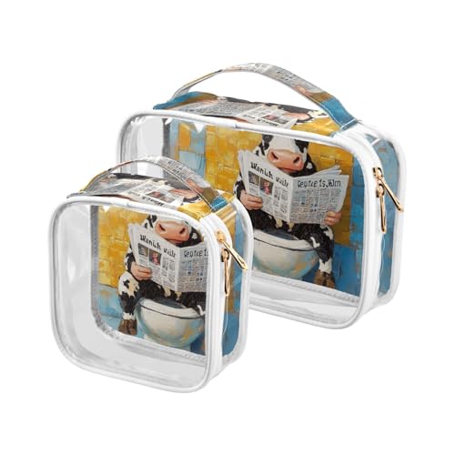 Kulturbeutel mit niedlicher weißer Kuh zum Lesen von Zeitungen, groß, TSA-geprüft, multifunktional, transparent, Kosmetiktasche, Herren, Rasierset, 2 Stück von WDdZzyy