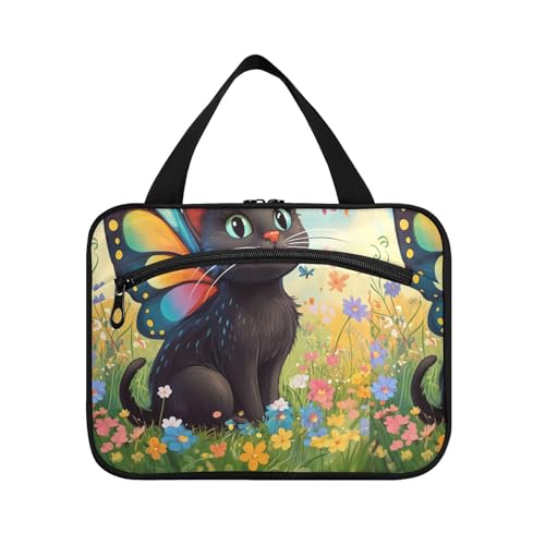 Kulturbeutel zum Aufhängen mit Haken, kompakte Designer-Tasche mit Fächern für Damen, Motiv: Schmetterling, Katze, Blume, ideal für den Urlaub von WDdZzyy
