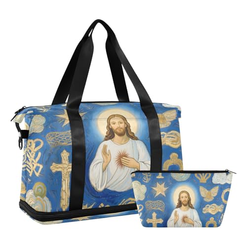 Kunst-Ölgemälde, Jesus, blaue Handgepäcktasche mit Nasstasche, verstellbarer Riemen, Sporttasche zum Wandern, 2-teiliges Set für Männer und Frauen von WDdZzyy