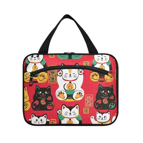 Niedliche bunte Glückskatze zum Aufhängen mit Haken, Designer-Chic-Make-up-Tasche für Damen, Reisen, Rucksackreisen, Porta, Kosmetik, Mujer para cartera, L von WDdZzyy