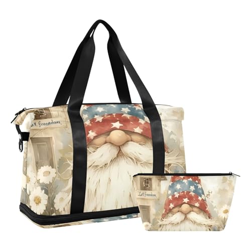 Niedlicher Unabhängigkeitstag Zwerg Handgepäck auf der Schulter Wochenendtasche mit Nassfach verstellbarem Riemen Reisetasche Turnbeutel für Sport 2-teiliges Set für Männer und Frauen von WDdZzyy