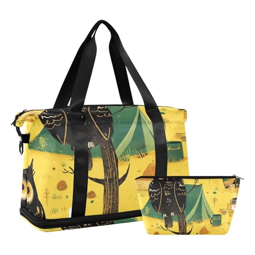 Retro ästhetische Eulen Übernachtungstaschen mit Nasstasche, verstellbarem Riemen, Sport-Seesack zum Wandern, 2-teiliges Set für Männer und Frauen von WDdZzyy