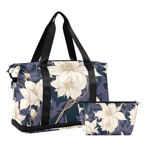 Retro weiße Clematis Blumen Übernachtungstasche Wochenendtasche mit Nasstasche Verstellbarer Riemen Turnbeutel für Trekking Große Kapazität für Männer Frauen von WDdZzyy