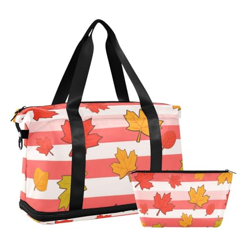 Rot-weiß gestreifte Ahornblätter Weekender Reise Übernachtungstasche mit Nassfach verstellbarem Riemen Sport Turnbeutel für Sport Multifunktional für Männer Frauen von WDdZzyy