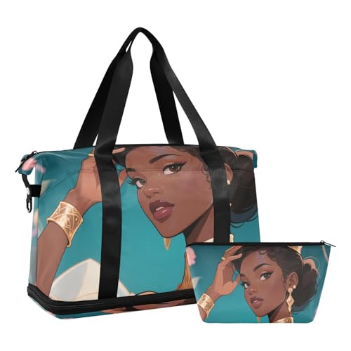 Schöne afrikanische Frauenkrone, Cartoon-Wochenendtasche mit Nasstasche, verstellbarer Riemen, Turnbeutel für Trekking, multifunktional, für Männer und Frauen von WDdZzyy