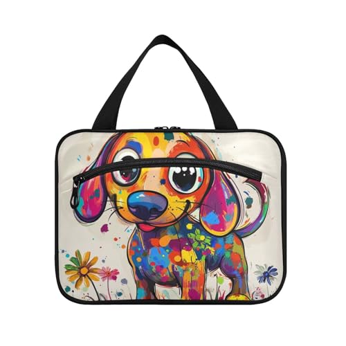 Süßer Dackel-Hund, künstlerisches Graffiti-Hängeband, großes Fassungsvermögen, Reise-Kosmetik mit Haken, kompaktes Designer-Rasierset für Frauen, Muss für Camping, Bolsas de Maquillaje para Mujer L von WDdZzyy
