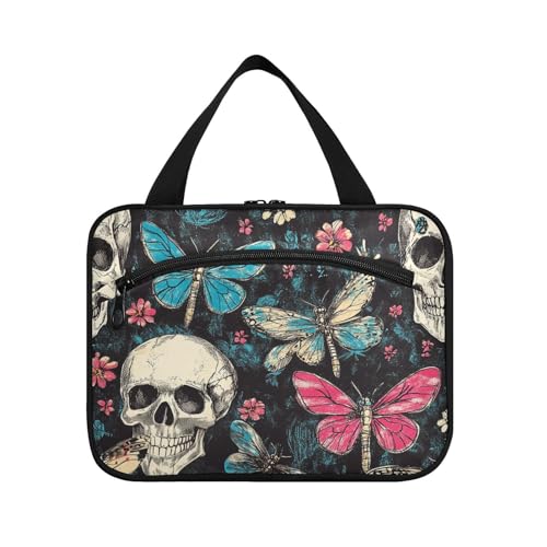 Totenköpfe Retro Blumen Schmetterling hängende Reisegröße Toilettenartikel für Herren mit Haken, Designer Chic Hängende Make-up-Tasche für Reisezubehör Rucksackreisen Estuches para maquillaje L von WDdZzyy