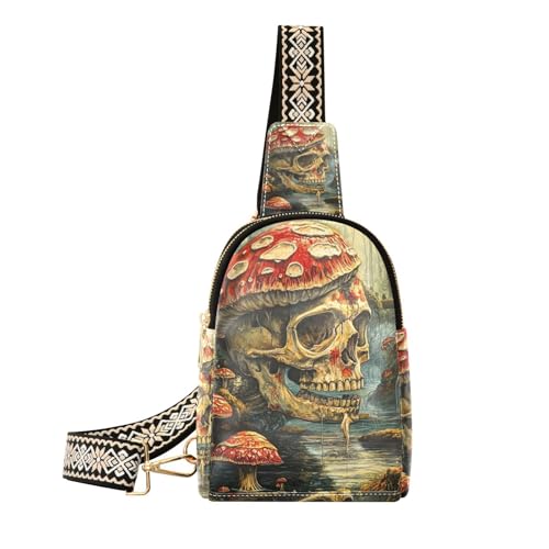 Trendige Umhängetasche mit lustigem Pilz-Skelett-Totenkopf-Design, Diebstahlschutz, Schultertasche, zum Wandern, Lustiger Pilz-Skelettschädel, 1 size von WDdZzyy