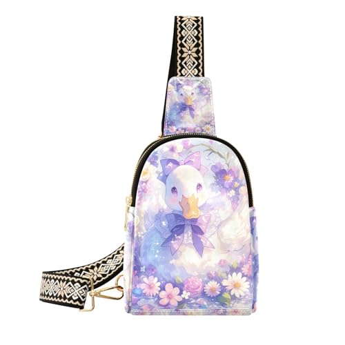 Trendige süße lila Ente, einfache Feder-Leder-Umhängetasche, Mehrzweck-Umhängetasche für Damen zum Wandern, Niedliche lila Ente, einfache Feder, 1 size von WDdZzyy