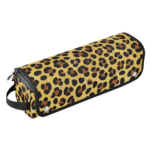 WDdZzyy 2-in-1-Lockenstab mit künstlichem Glitzer-Leopardenmuster, goldfarben, Reiseetui mit hitzebeständigem Pad, Tragetasche, flacher Lockenstab und wasserdichter Organizer für Lockenstab Glätteisen von WDdZzyy