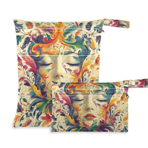 WDdZzyy Beige Boho Art Woman Flower Washable Large Wet Bag 2 Pack Travel Essentials for Flying with Handles for Gym von WDdZzyy