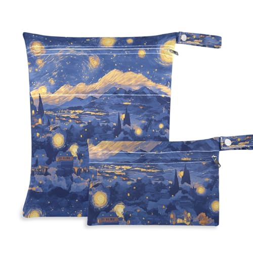WDdZzyy Blaue und gelbe Ölgemälde Sternenhimmel waschbare Taschen für Windeln, 2 Stück, Wickeltasche, wesentliche Gegenstände mit Griffen für Pool von WDdZzyy