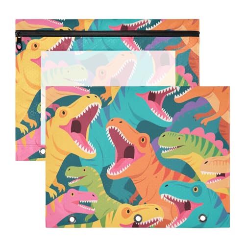 WDdZzyy Bunte Cartoon-Tier-Dinosaurier-Bleistifttaschen mit 3 verstärkten Ösen, 3-Ring-Tasche für 3-Ringe, 2 Stück, für Schüler und Schulanfang von WDdZzyy