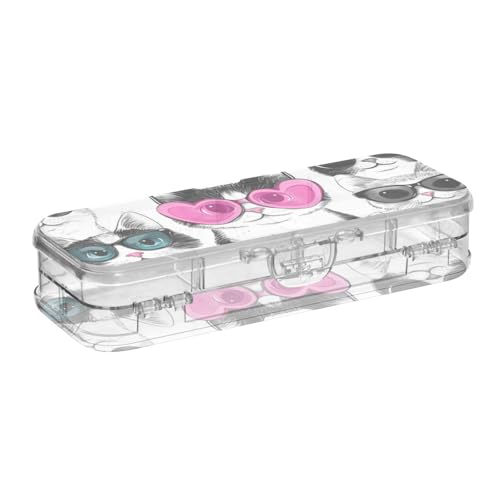 WDdZzyy Cartoon-Federmäppchen mit niedlichem schwarz-weißem Kätzchen-Motiv, Kunststoff, doppelstöckig, Hartschalen-Etui für Schreibwaren, mit Schnappdeckel von WDdZzyy