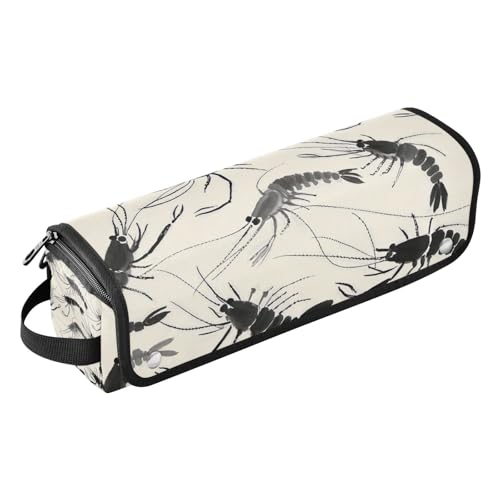 WDdZzyy Chinesische Tuschemalerei, Kunstgarnelen, Beige, Heißhaar-Werkzeuge, Reisetasche mit Eisenmatte, großes Fassungsvermögen, Haarwerkzeug-Organizer für Glätteisen, Lockenstab, Haartrockner von WDdZzyy