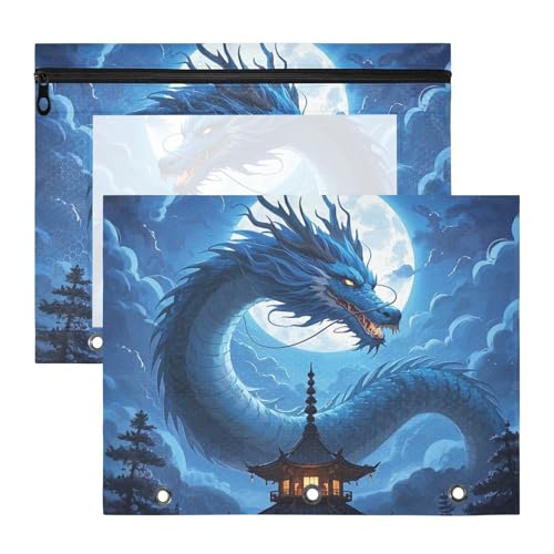 WDdZzyy Federmäppchen mit Motiv Chinesischer Drache, blauer Mond, mit glatten Reißverschlüssen, Stifthalter, Etui für 3 Ringe, 2 Stück, Lehrer, Schulanfang von WDdZzyy