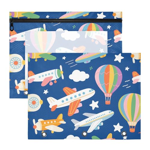 WDdZzyy Federmäppchen mit niedlichem Cartoon-Flugzeug, marineblau, stabile 3-Ring-Tasche für A4-Papier, Briefe, 2 Stück, für Lehrer, Schule, Studenten, Lehrerbedarf von WDdZzyy