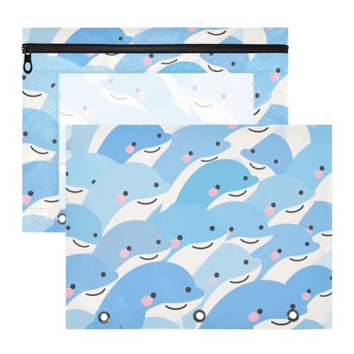 WDdZzyy Federmäppchen mit niedlichem Delfin-Design, mit 3 verstärkten Ösen, 3-Loch-Tasche für A4-Papier, Briefe, 2 Stück, Studenten, College-Zubehör von WDdZzyy