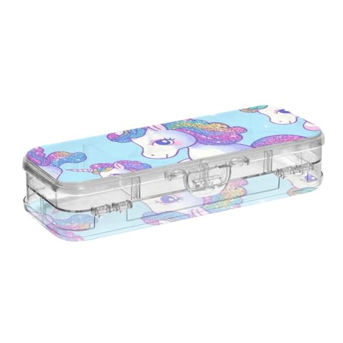 WDdZzyy Gefälschte Glitzer-Cartoon-Einhörner, blaue Kunststoff-Bleistift-Box, transparent, doppelschichtig, für Bastelkunst, mit Schnappverschluss von WDdZzyy