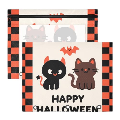 WDdZzyy Halloween Checker Schwarze Katze Orange Kosmetiktasche 3 Löcher 3 Loch Tasche für 3 Ringe Binder 2 Pack Studenten Zuhause von WDdZzyy