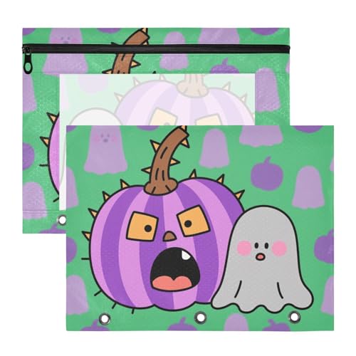 WDdZzyy Halloween Purple Jack-o'-Lanterns and Ghosts Binder Pouches with 3 Reinforced Grommets 3 Hole Pocket for 3 Rings Binder 2 Pack Teacher Class von WDdZzyy