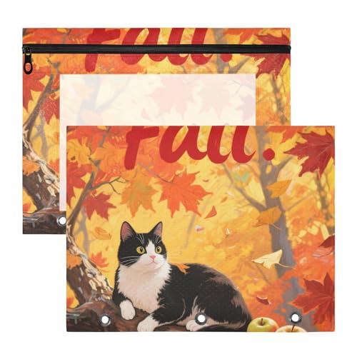 WDdZzyy Hello Fall Autumn Tree Cat Binder Federmäppchen mit glatten Reißverschlüssen, 3-Lochstanzer für A4-Papier, Briefe, 2 Stück, für Schüler, Studenten, Lehrerbedarf von WDdZzyy