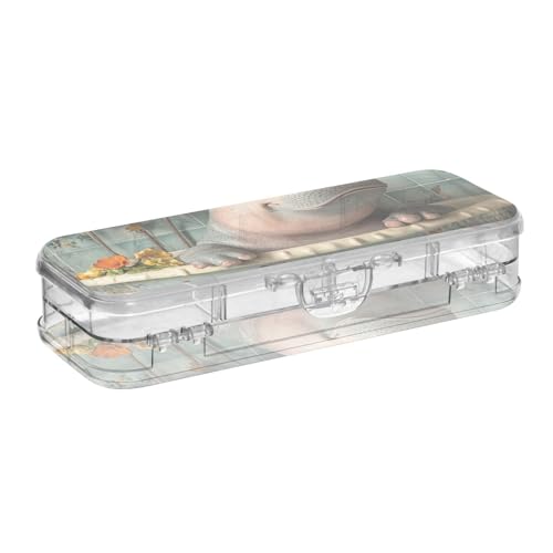 WDdZzyy Hippo Vintage Badewanne Blau Kunststoff Box für Bleistifte Doppelsteck Transparent Harte Stifte Etui für Handwerk Kunst mit Schnappverschluss und Deckel von WDdZzyy