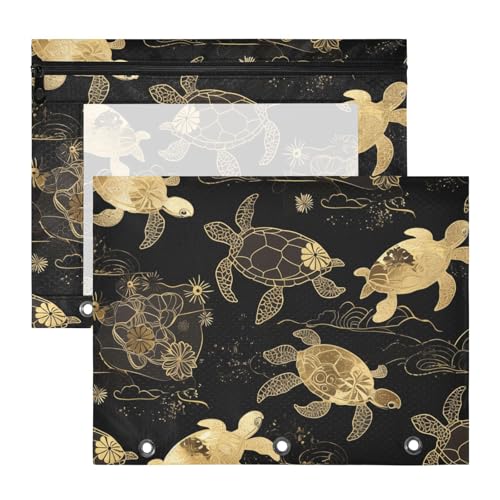 WDdZzyy Kosmetiktasche mit Blumenmotiv, Meeresschildkröte, Mehrzwecktasche mit 3 Löchern, für 3 Ringe, 2 Stück, für Studenten, Schulbedarf, Schwarz / Gold von WDdZzyy