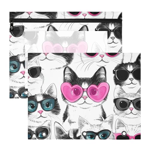 WDdZzyy Kosmetiktasche mit Cartoon-Motiv, niedliches schwarz-weißes Kätzchen, transparentes Fenster, 3 Löcher, Tasche für A4-Papier, Briefe, 2 Stück von WDdZzyy