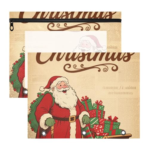 WDdZzyy Merry Christmas Weihnachtsmann-Retro-Bindertaschen, 3 Löcher, 3 Locher für A4-Papier, Briefe, 2 Stück, Lehrer, Schulbedarf von WDdZzyy