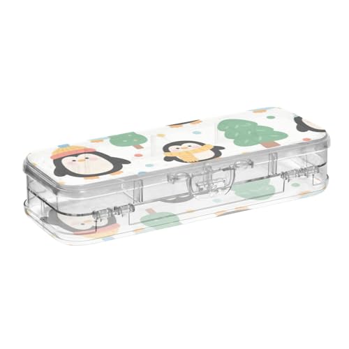 WDdZzyy Niedliche Cartoon-Bleistift-Aufbewahrungsbox mit schwarzem Pinguin, transparent, doppelstöckig, Stifteetui für Bastelkunst, mit Schnappdeckel von WDdZzyy