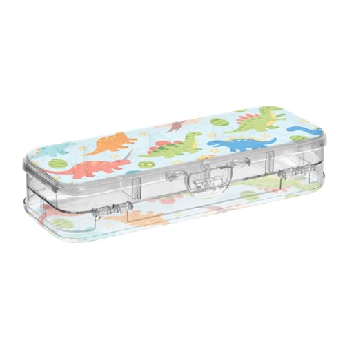 WDdZzyy Niedliche Dinosaurier-Cartoon-Illustration, Kunststoff-Bleistiftbox, transparent, doppellagig, für Schreibwaren, mit Deckel von WDdZzyy