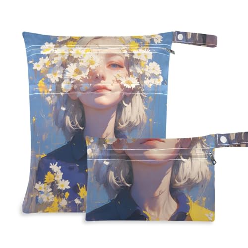 WDdZzyy Schöne Anime Mädchen zitronengelbe Gänseblümchen prop1 Anzugtasche wasserdicht 2 Stück Nassbeutel für Badeanzug mit Griffen für Yoga von WDdZzyy