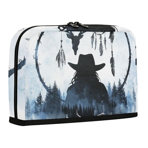 WDdZzyy Western Cowboy Traumfänger Hirsch Schädel Schwarz Federmäppchen Tasche Große Kapazität Kosmetiktasche Tragbare Tasche Bleistifthalter für Mann High School von WDdZzyy