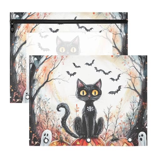 WDdZzyy Witchy Federmäppchen mit schwarzer Katze, Halloween, gruseliges Skelett, Geister, stabile Aufbewahrungstasche für 3 Ringe, 2 Stück, Lehrerklasse von WDdZzyy