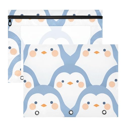 WDdZzyy Zartes Federmäppchen mit Cartoon-Pinguin, hellblau, mit Reißverschluss, 3-Loch-Tasche für 3 Ringe, Ordner, 2 Stück, für Schüler, Studenten, Lehrerbedarf von WDdZzyy