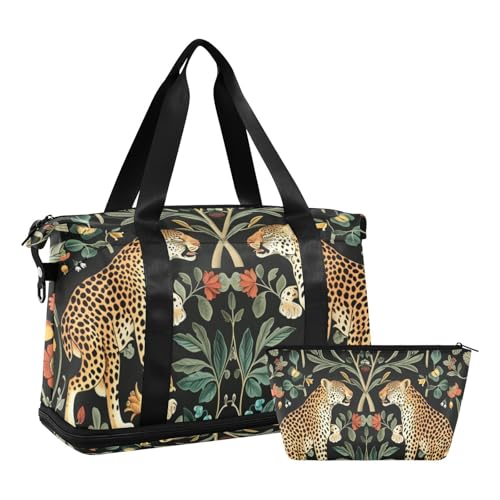 William Morris S Design Leopard Schulter Weekender Übernachtungstasche mit Nasstasche Verstellbarer Riemen Gym Sport Carry für Trekking Multifunktional für Männer Frauen von WDdZzyy