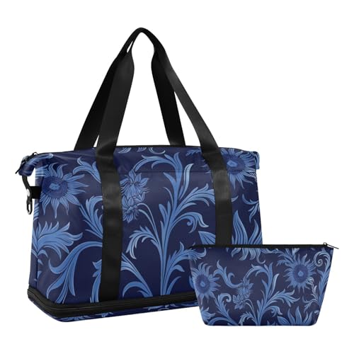 William Morris Style Design Sonnenblume Dunkelblau Reisetasche mit Nassfach Verstellbarer Riemen Sport-Trainingstasche für Workout Große Kapazität für Männer Frauen von WDdZzyy
