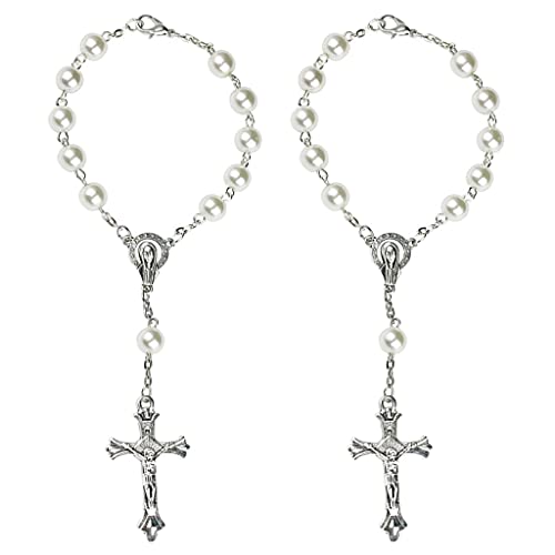 2 STÜCKE Katholische Gebetsperle Perlen Rosenkranz Armband Erstkommunion Geschenk Auto Auto Rückansicht Amulett Charm Kreuz Perle Rosenkranz Armband für Frauen Sterling Silber Männer Gold Bulk Kit von WE-HYTRE