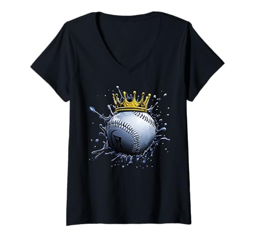 Damen Baseball Ist König Baseballball Mit Krone T-Shirt mit V-Ausschnitt Damen Baseball Ist König Baseballball Mit Krone T-Shirt mit V-Ausschnitt von WE LOVE BASEBALL Outfits Für Baseball-Fans